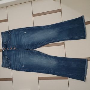 Loft Button Fly High Waist Flare Crop Jeans with Fray Raw Hem Size 12